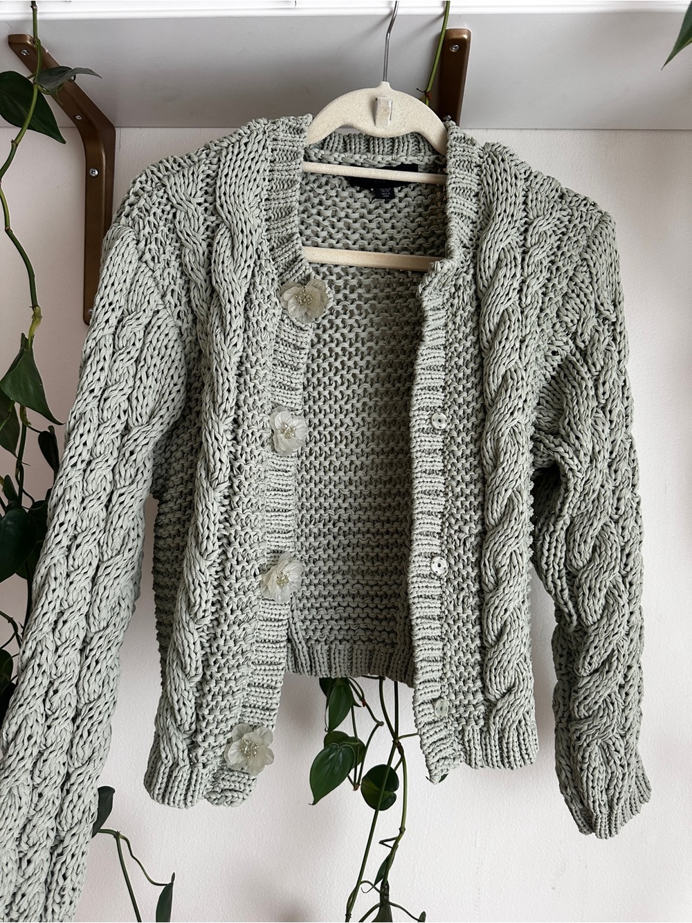 Zara Light Sage Green Cable Knit Button Cardigan